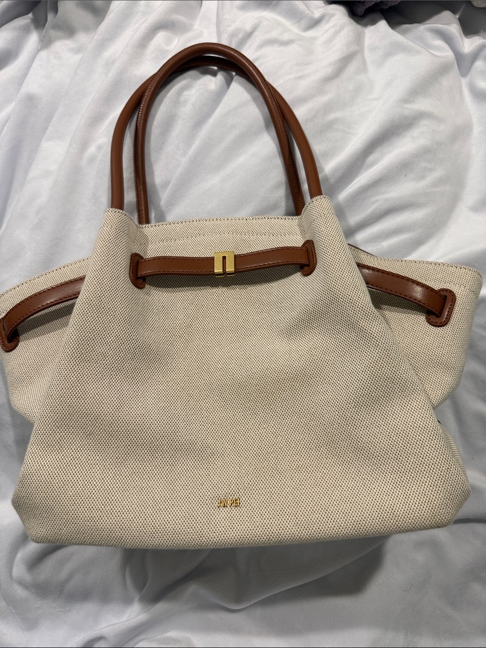 JW PEI Cream Canvas Tote with Brown Trim and Gold Accent
